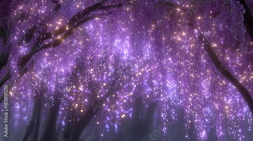 Magical Purple Wisteria Flowers Illuminated by Twinkling Lights.