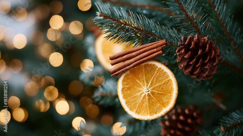 Beautifully decorated eco-conscious Christmas tree, close-up of orange slices, cinnamon sticks, and pinecones glistening under golden fairy lights, homely background with candles