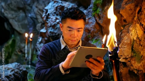 Young Asian man using a tablet in a mysterious, torch-lit cave or ancient ruin, blending modern technology with an ancient setting.