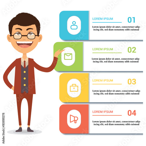 Smiling cartoon businessman in professional attire presenting a vibrant vertical infographic with four distinct steps, ideal for illustrating business concepts, workflow processes,