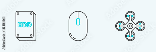 Set line Drone, Hard disk drive HDD and Computer mouse icon. Vector