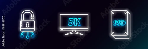 Set line SSD card, Lock on digital circuit board and Monitor display with 5k video icon. Glowing neon. Vector
