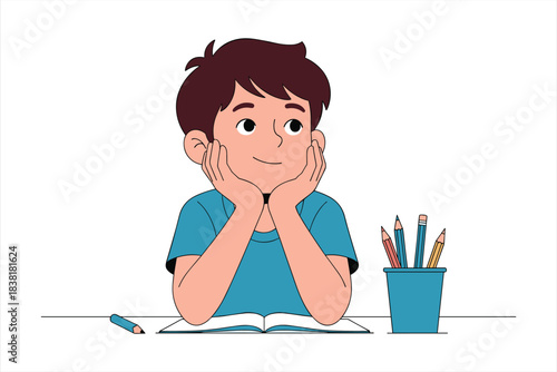 Imaginative Schoolboy Thinking at Desk with Book