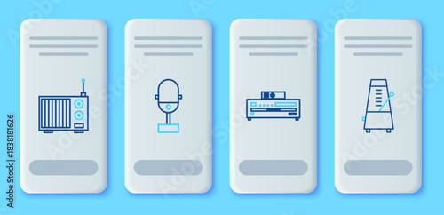 Set line Microphone, Music CD player, Radio with antenna and Metronome pendulum in motion icon. Vector