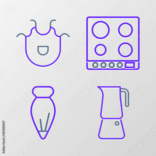 Set line Moka pot, Pastry bag for decorate cakes, Gas stove and Kitchen apron icon. Vector