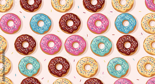 A delightful seamless pattern featuring an array of colorful glazed donuts adorned with sprinkles, perfect for sweet treats and confectionery themes.