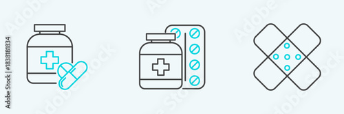 Set line Crossed bandage plaster, Medicine bottle pills and icon. Vector