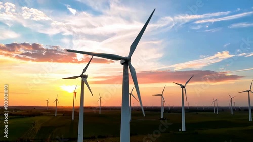 Wind Turbines Generating Clean Renewable Energy at Sunset.