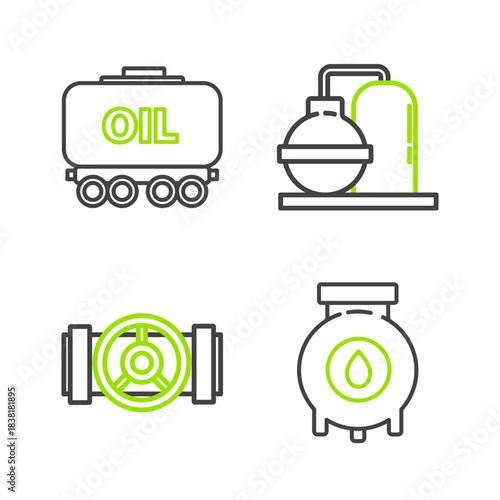 Set line Oil and gas industrial factory building, Industry metallic pipes valve, and railway cistern icon. Vector