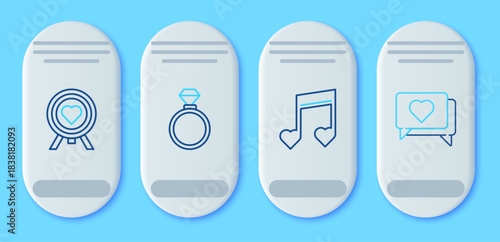 Set line Wedding rings, Music note, tone with hearts, Heart the center of darts target aim and Like and icon. Vector