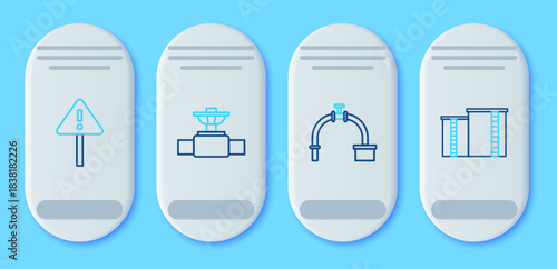 Set line Industry pipe and valve, Exclamation mark in triangle and Oil industrial factory building icon. Vector