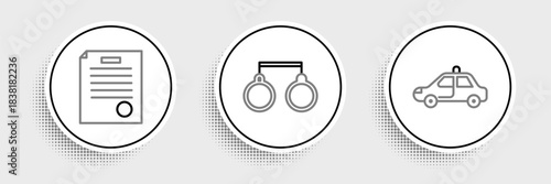 Set line Police car and flasher, The arrest warrant and Handcuffs icon. Vector