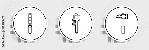 Set line Claw hammer, Chisel tool for wood and Calliper caliper and scale icon. Vector