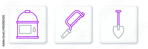 Set line Shovel, Paint bucket and Hacksaw icon. Vector