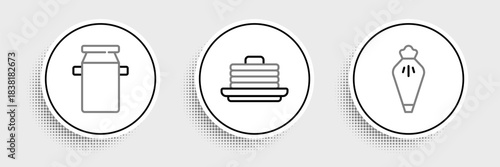 Set line Pastry bag, Can container for milk and Stack of pancakes icon. Vector