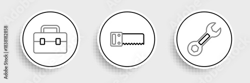 Set line Wrench spanner, Toolbox and Hand saw icon. Vector