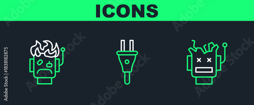 Set line Broken robot, Robot burned out and Electric plug icon. Vector