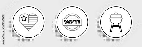 Set line Barbecue grill, USA Independence day and Vote icon. Vector