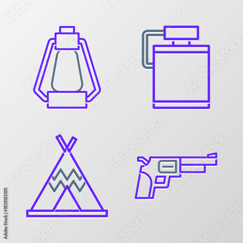 Set line Revolver gun, Indian teepee or wigwam, Canteen water bottle and Camping lantern icon. Vector
