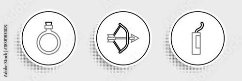 Set line Dynamite bomb, Canteen water bottle and Bow and arrow in quiver icon. Vector