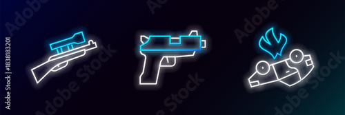 Set line Burning car, Sniper rifle with scope and Pistol or gun icon. Glowing neon. Vector