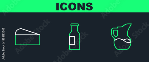 Set line Milk jug or pitcher, Cheese and Bottle with milk icon. Vector