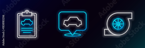 Set line Automotive turbocharger, Car inspection and service icon. Glowing neon. Vector