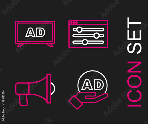 Set line Advertising, Megaphone, Browser setting and icon. Vector