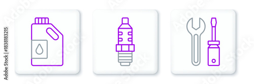 Set line Screwdriver and wrench spanner, Canister for motor oil and Car spark plug icon. Vector