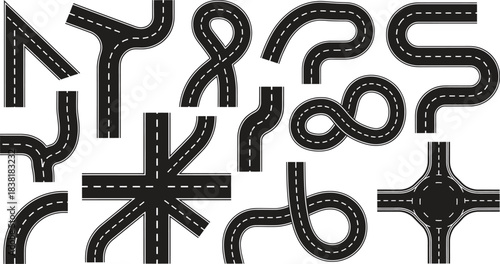 Collection of diverse road elements featuring multiple curves junctions and a circular roundabout design isolated for graphic projects