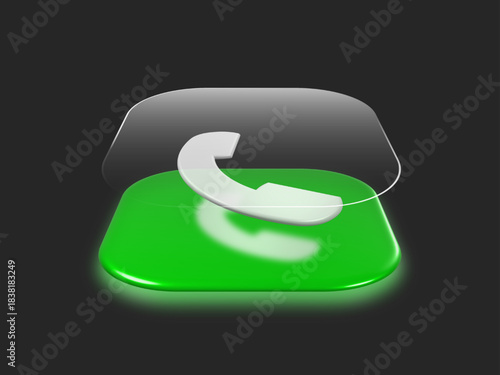 3D Glass Phone Icon with Glossy Transparent Overlay on Dark Background. Perfect for UI/UX design, app icons, interface mockups, technology themes, and digital communication graphics.