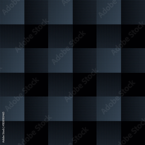 A seamless geometric checkerboard pattern of squares composed of small stripes overlapping each other in a geometric pattern. An abstract background of gray-blue shapes in various tones on a dark back