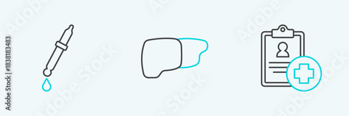 Set line Patient record, Pipette and Human organ liver icon. Vector