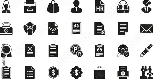 Comprehensive business and office flat icon collection featuring communication management and human resources symbols