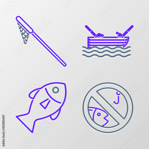 Set line No fishing, Fish, Fishing boat with rod on water and net icon. Vector