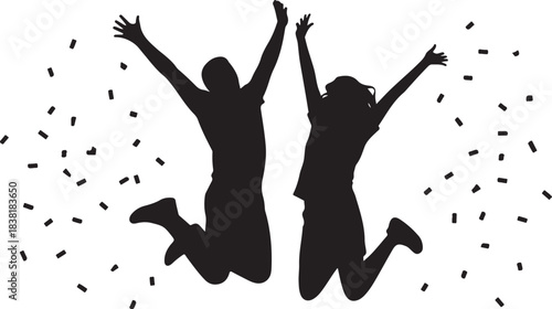 Black silhouettes of two people jumping with confetti