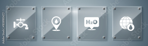 Set Earth planet in water drop, Chemical formula for H2O, Water with location and tap. Square glass panels. Vector