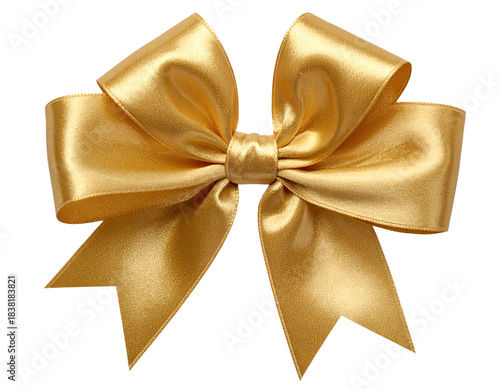Classic Golden Satin Gift Bow with Smooth Loops, Front-Facing View, Isolated on Transparent Background,And transparent the background.