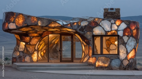 Unique Stone House with Glowing Windows in a Desert Landscape.