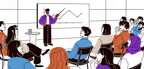 Business training, seminar, conference. Office workers group, employees audience during professional education. Coach, speaker, corporate trainer, expert at presentation. Flat vector illustration.