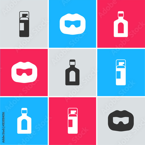 Set Shaving gel foam, Mustache and beard and Bottle of shampoo icon. Vector
