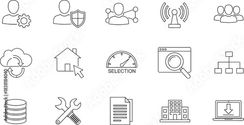 Comprehensive line art icon set representing essential technology and business concepts for web design and mobile applications