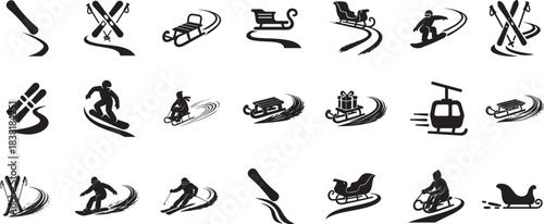 Winter transport silhouette set featuring sleigh, ski, snowboard and snow trail marks.