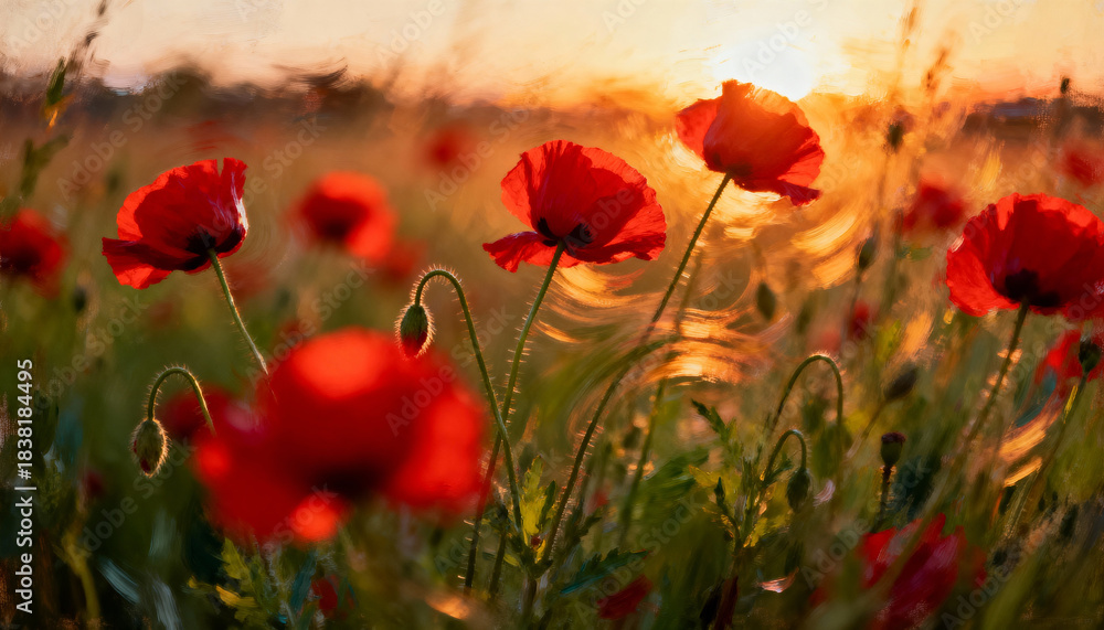 Fototapeta premium Poppy field red flower wildflower sunset light golden hour soft focus meadow summer breeze nature scene with calm mood