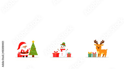 Christmas Festive Collection: A charming Christmas illustration features Santa Claus with a Christmas tree, a cheerful snowman, and a reindeer, all surrounded by presents.