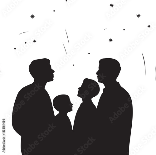 Family silhouette looking up at starry night sky people
