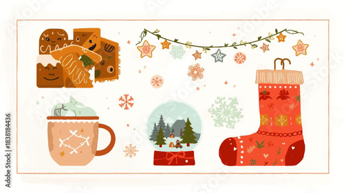 Festive Assemblage: An artistic arrangement of holiday essentials, encompassing ginger bread, snow globe, winter sock and decorative elements that encapsulate the spirit of the season.