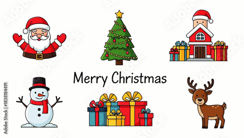 A collection of festive Christmas illustrations including Santa Claus, a snowman, a Christmas tree, a reindeer, gifts, and a house.