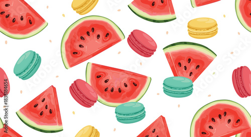 Vibrant summer pattern featuring juicy watermelon slices and delicious macarons in various colors on a clean white background.