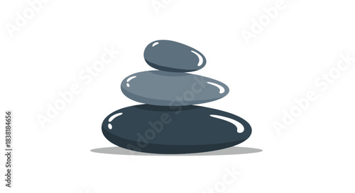 Three smooth, glossy, dark gray stones are carefully stacked in a balanced cairn against a clean white background, symbolizing peace and tranquility.